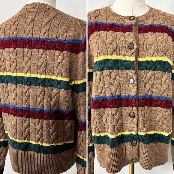 Polo Ralph Lauren Striped Cable Knit Cardigan Camel Wool Cotton XL Preppy $499 - Picture 6 of 13